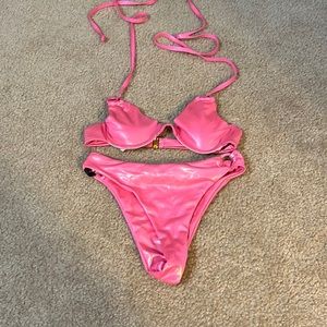 PrettyLittleThing Bright Pink Iridescent Underwired Ring Detail Bikini